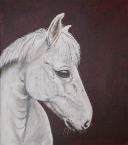 Målning av huvudet på en vit häst mot svart bakgrund