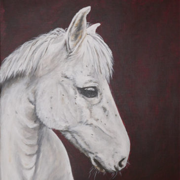 Målning av huvudet på en vit häst mot svart bakgrund