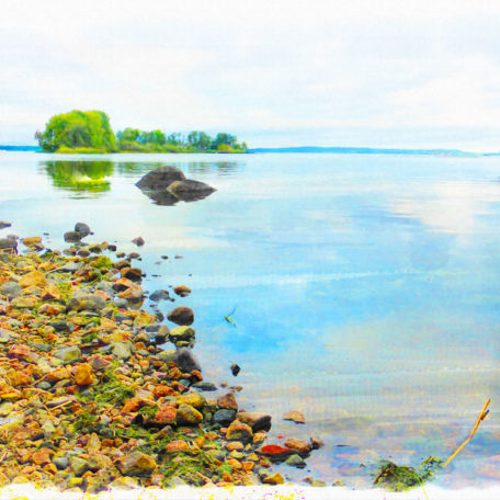 Canvastavla strand vid Roxen med ö