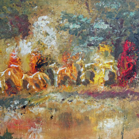 Målning (acryl) med hästar i skogen