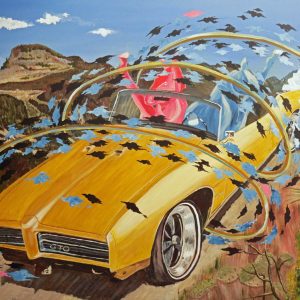 Acrylmålning med hästar som kär en guldfärgad Pontiac GTO i Rocky Mountains