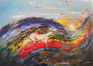 Acrylmålning med hästar som springer över en regnsbågsfärgad våg