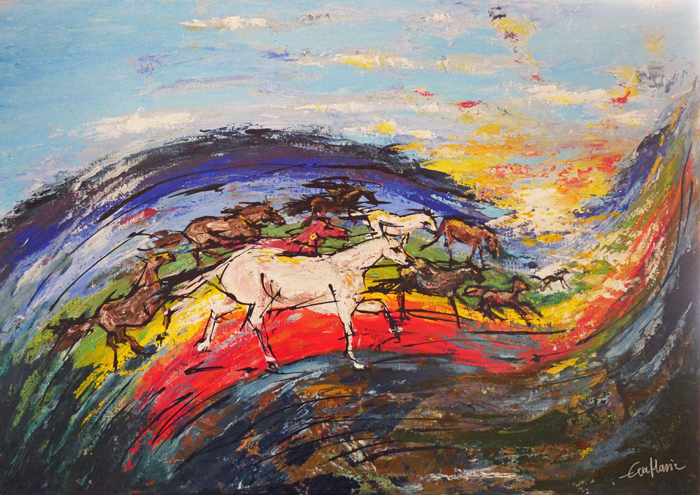 Aktrylmålning som visar hästar som springer över en regnbåde på väg mot en soluppgång.