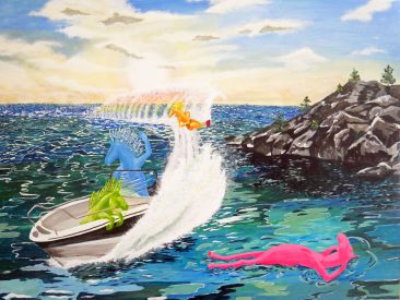 Akrylmålning med färgstarka hästar som kör båt och åker monoski i skärgården.