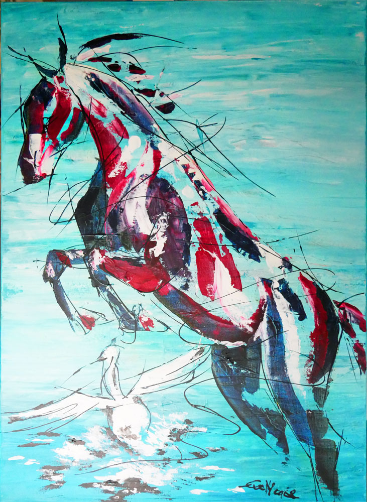 Akrylmålning med en färgstark häst som hoppar över en svan