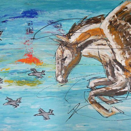 Akrylmålning med en pegasus som flyger vid ett peacetecken tillsammans med stridsflygplan