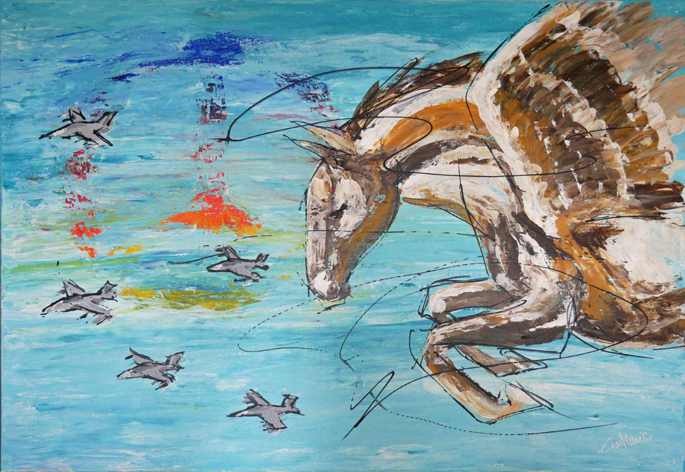 Akrylmålning med en pegasus som flyger vid ett peacetecken tillsammans med stridsflygplan