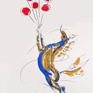 Akrylmålning som visar en häst som flyger iväg med ett knippe röda ballonger.