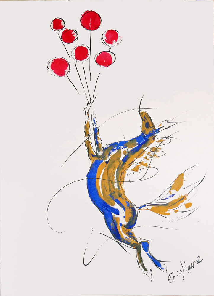 Akrylmålning som visar en häst som flyger iväg med ett knippe röda ballonger.