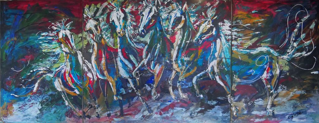 Triptyk i sprakande färger med sex hästar som kommmer springande mot betraktaren.